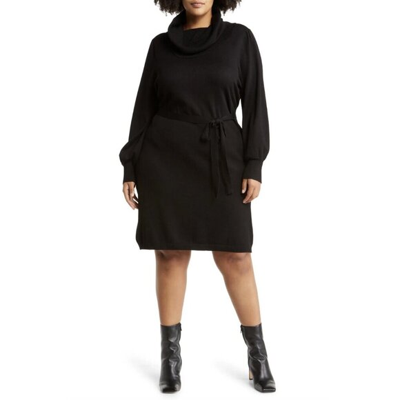 NWT Sam Edelman Knit Cowl Neck Long Sleeve Mini Dress with Tie Belt, Black, M - Picture 1 of 11
